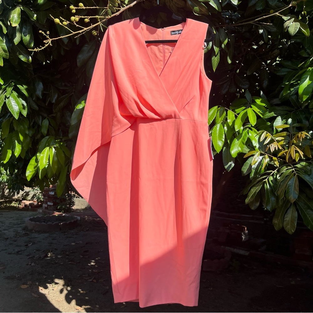 NWT LAVISH ALICE coral pink asymmetrical one shoulder draped cape midi dress